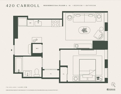 Floor plan for 1 bed, 1 bath, 596 sqft